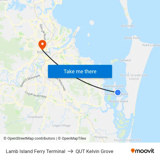 Lamb Island Ferry Terminal to QUT Kelvin Grove map