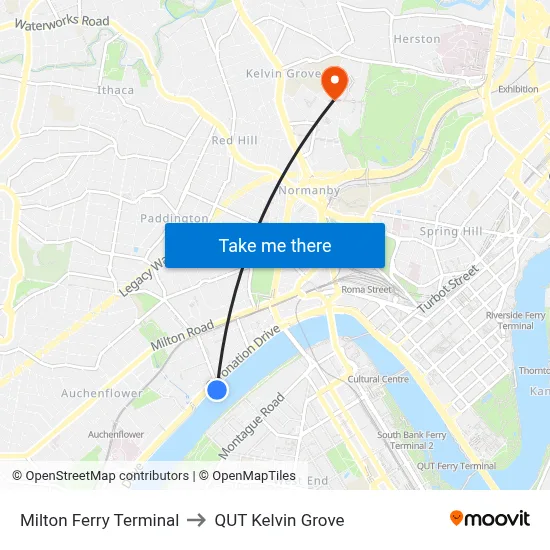 Milton Ferry Terminal to QUT Kelvin Grove map
