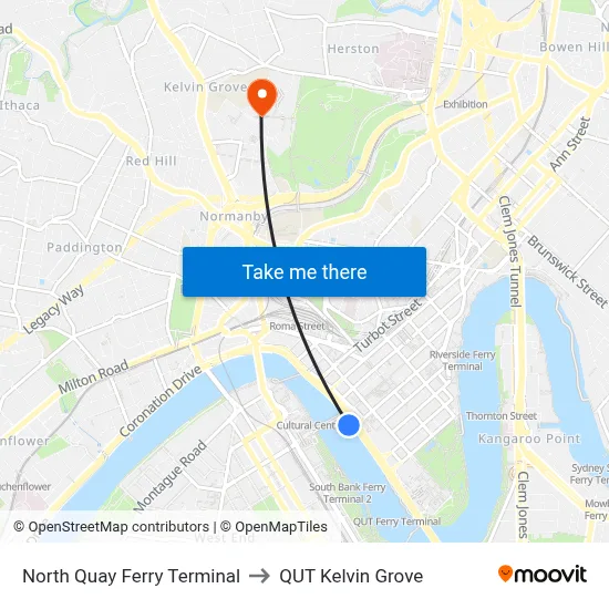North Quay Ferry Terminal to QUT Kelvin Grove map