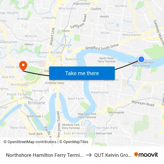 Northshore Hamilton Ferry Terminal to QUT Kelvin Grove map