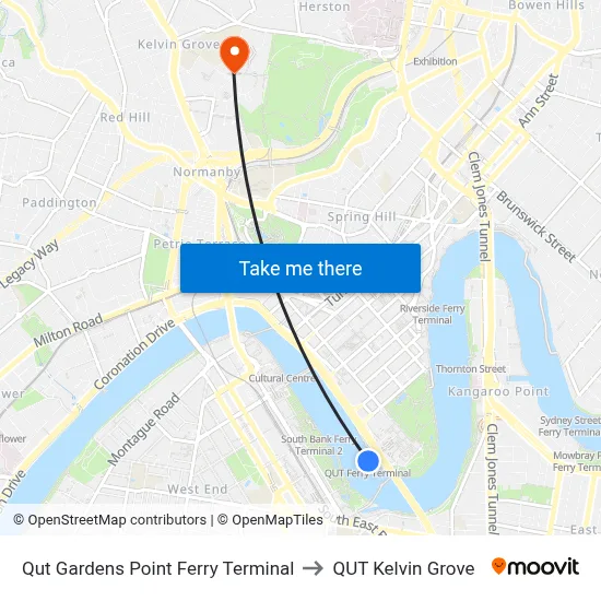 Qut Gardens Point Ferry Terminal to QUT Kelvin Grove map