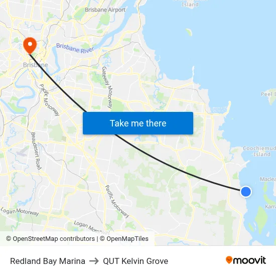 Redland Bay Marina to QUT Kelvin Grove map