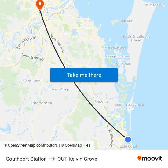 Southport Station to QUT Kelvin Grove map
