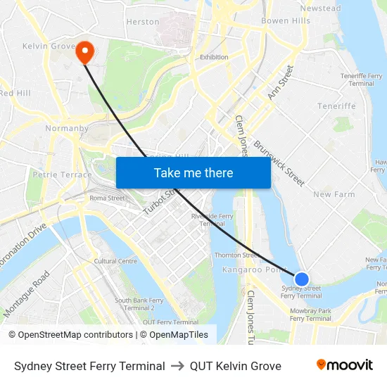 Sydney Street Ferry Terminal to QUT Kelvin Grove map