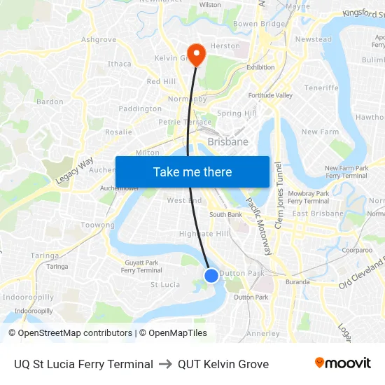 UQ St Lucia Ferry Terminal to QUT Kelvin Grove map