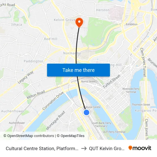 Cultural Centre Station, Platform 3 to QUT Kelvin Grove map