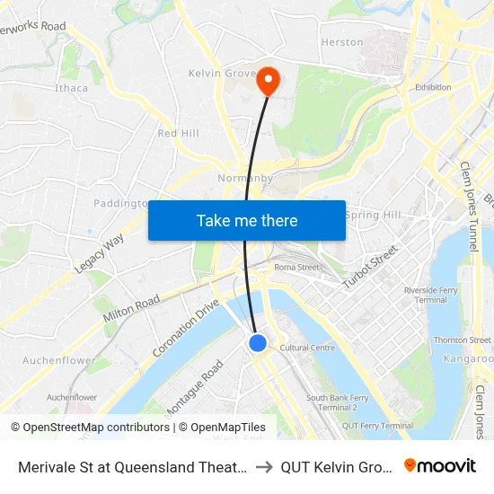 Merivale St at Queensland Theatre to QUT Kelvin Grove map