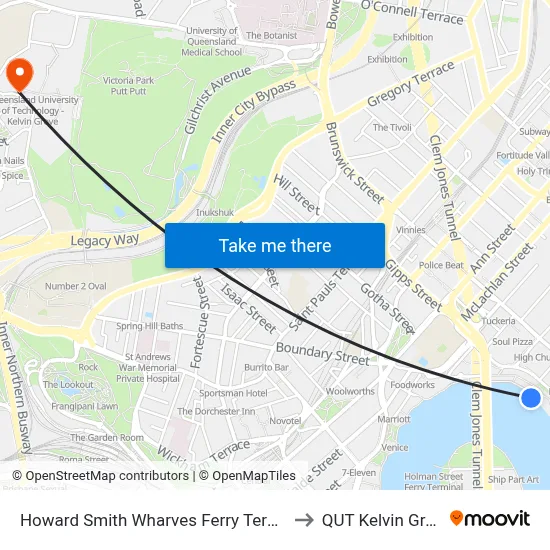 Howard Smith Wharves Ferry Terminal to QUT Kelvin Grove map
