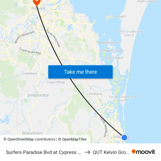 Surfers Paradise Bvd at Cypress Ave to QUT Kelvin Grove map