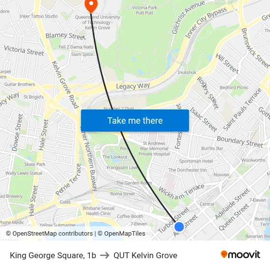 King George Square, 1b to QUT Kelvin Grove map