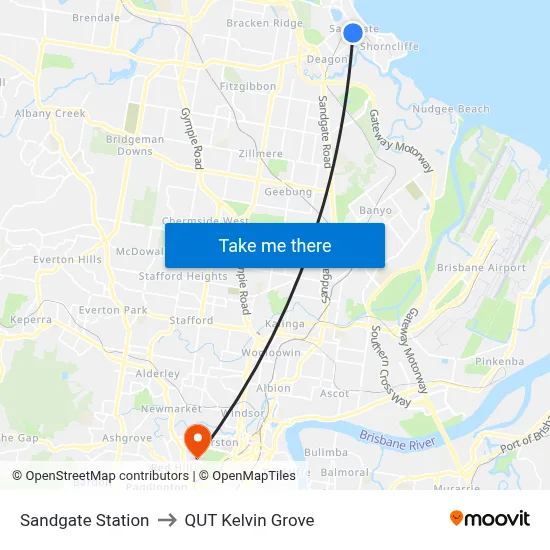 Sandgate Station to QUT Kelvin Grove map
