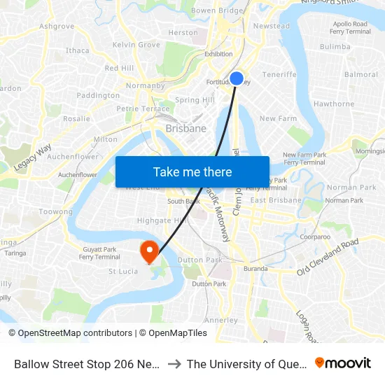 Ballow Street Stop 206 Near Ann St to The University of Queensland map