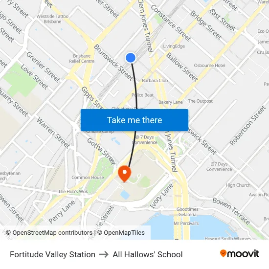 Fortitude Valley Station to All Hallows' School map