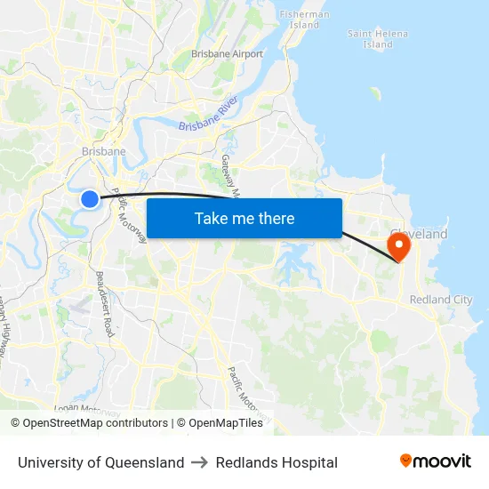 University of Queensland to Redlands Hospital map