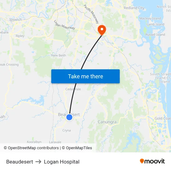 Beaudesert to Logan Hospital map