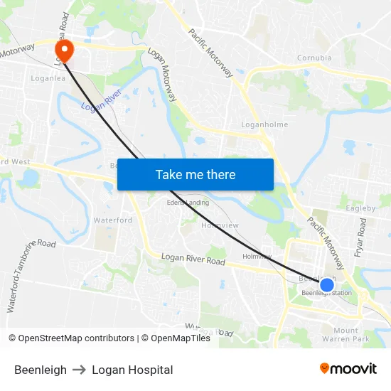 Beenleigh to Logan Hospital map