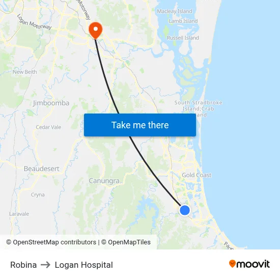 Robina to Logan Hospital map