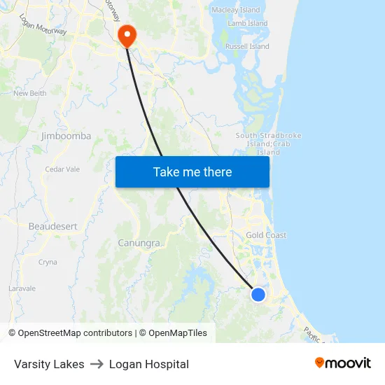 Varsity Lakes to Logan Hospital map