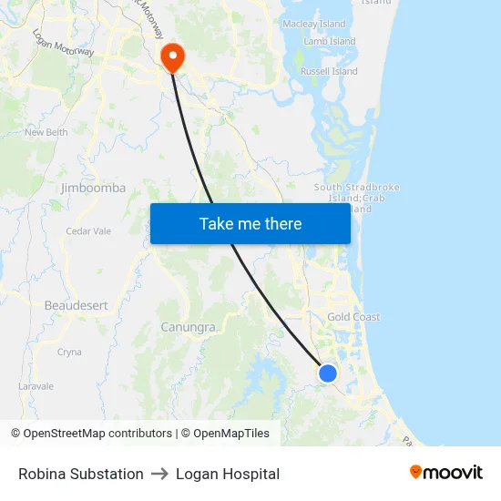 Robina Substation to Logan Hospital map