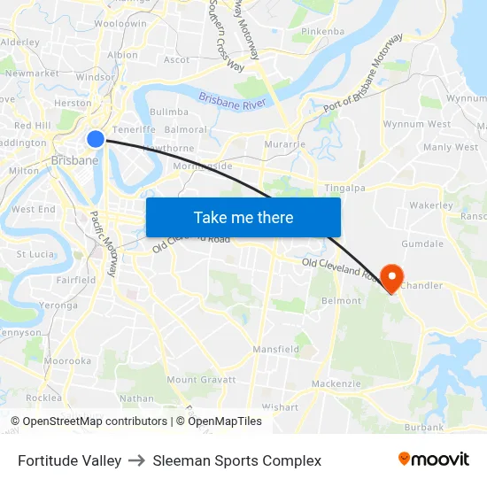 Fortitude Valley to Sleeman Sports Complex map