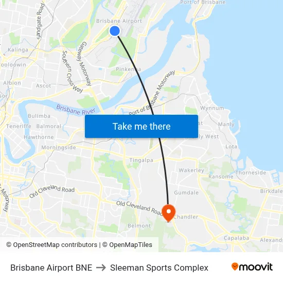 Brisbane Airport BNE to Sleeman Sports Complex map