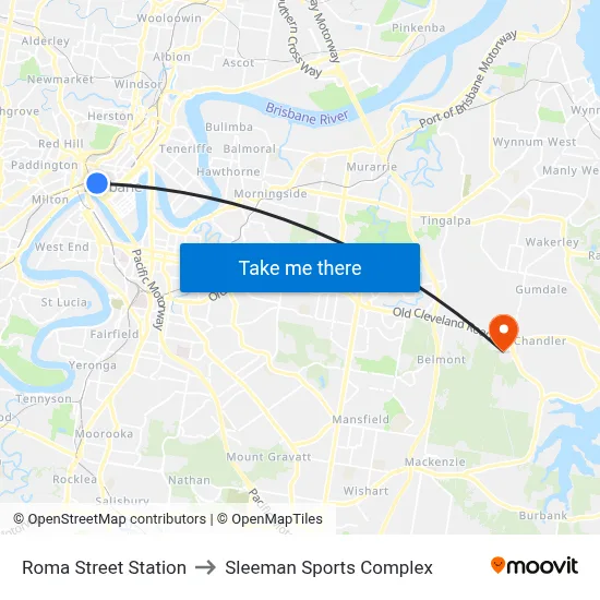 Roma Street Station to Sleeman Sports Complex map