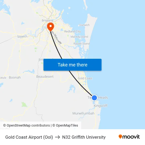 Gold Coast Airport (Ool) to N32 Griffith University map