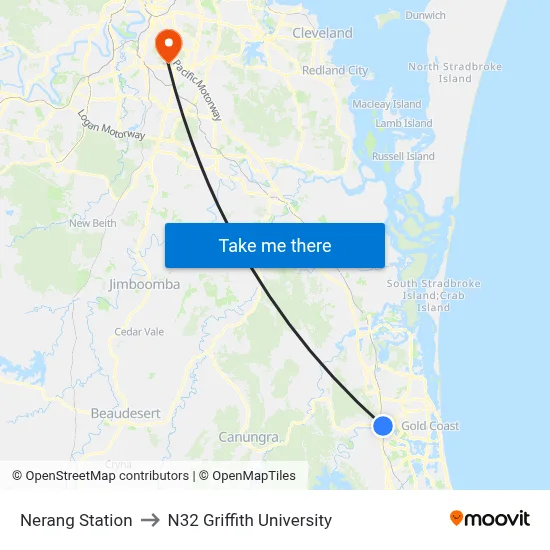 Nerang Station to N32 Griffith University map
