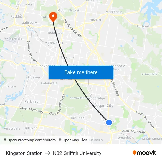 Kingston Station to N32 Griffith University map