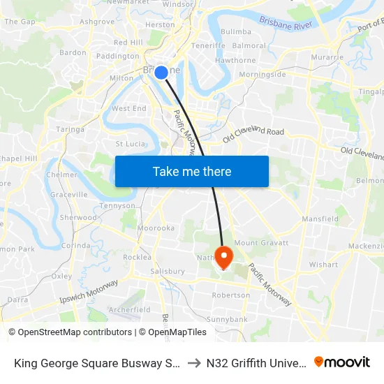 King George Square Busway Station to N32 Griffith University map