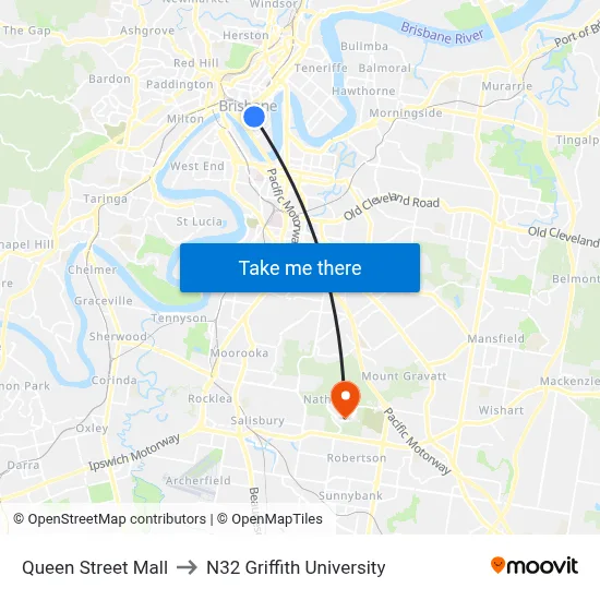 Queen Street Mall to N32 Griffith University map