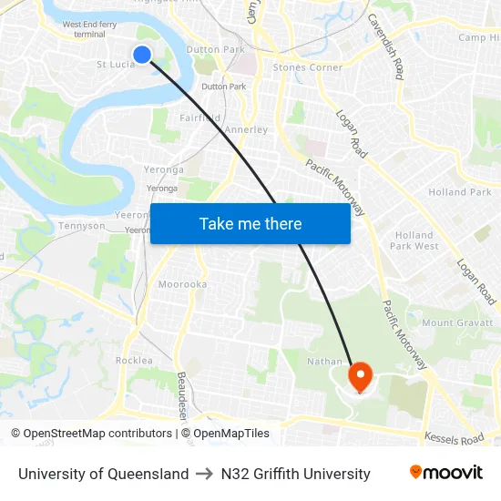 University of Queensland to N32 Griffith University map