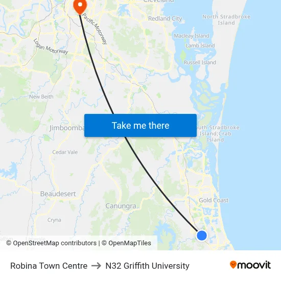 Robina Town Centre to N32 Griffith University map