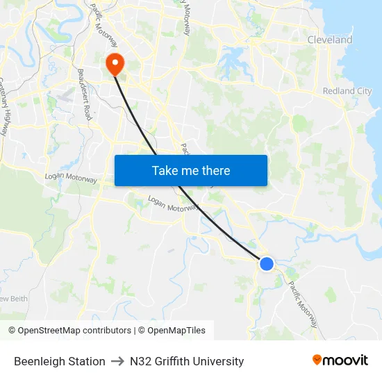 Beenleigh Station to N32 Griffith University map