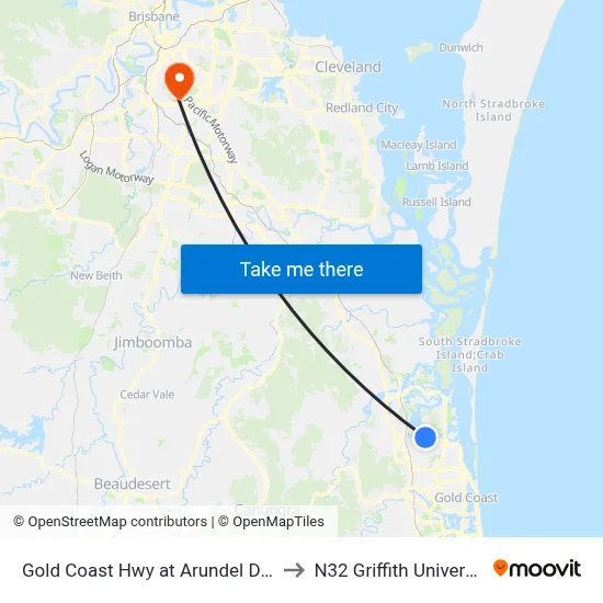 Gold Coast Hwy at Arundel Drive to N32 Griffith University map