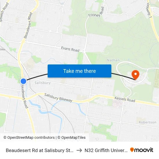 Beaudesert Rd at Salisbury Station to N32 Griffith University map