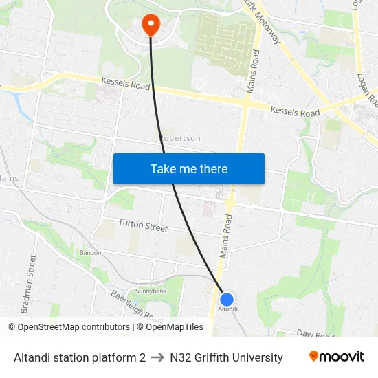 Altandi station platform 2 to N32 Griffith University map