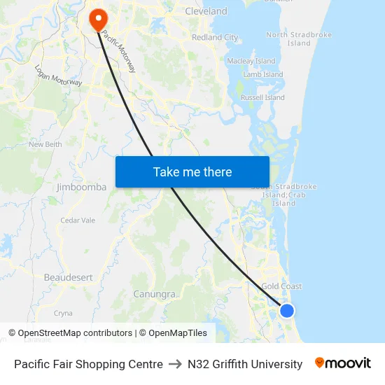 Pacific Fair Shopping Centre to N32 Griffith University map