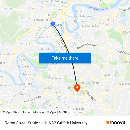 Roma Street Station to N32 Griffith University map