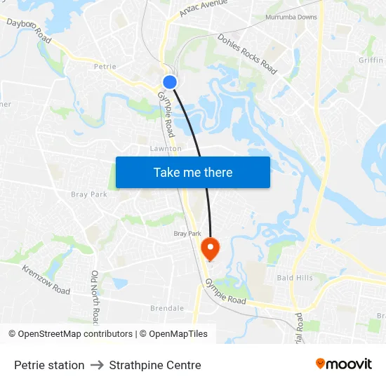 Petrie station to Strathpine Centre map