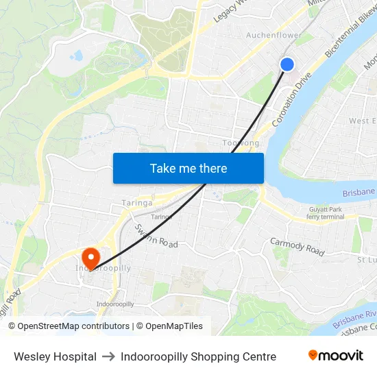 Wesley Hospital to Indooroopilly Shopping Centre map
