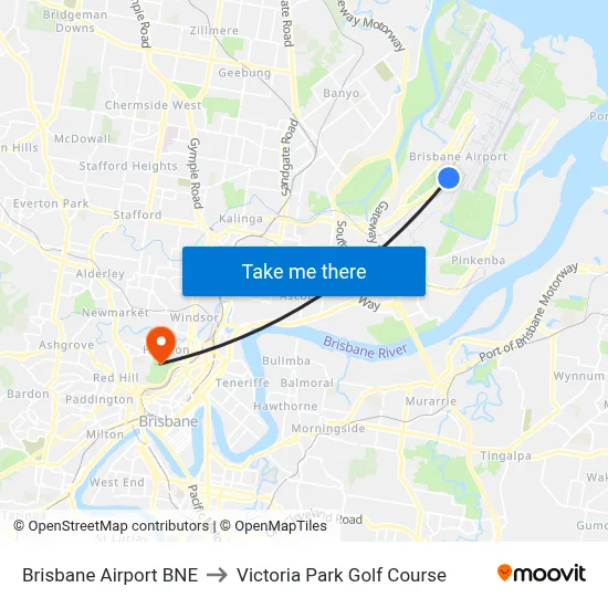 Brisbane Airport BNE to Victoria Park Golf Course map