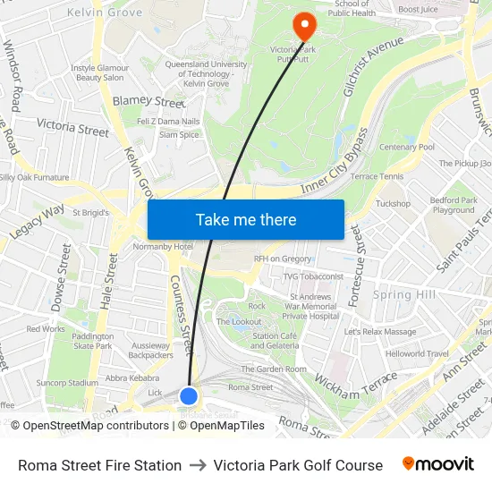 Roma Street Fire Station to Victoria Park Golf Course map