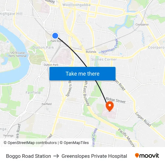 Boggo Road Station to Greenslopes Private Hospital map