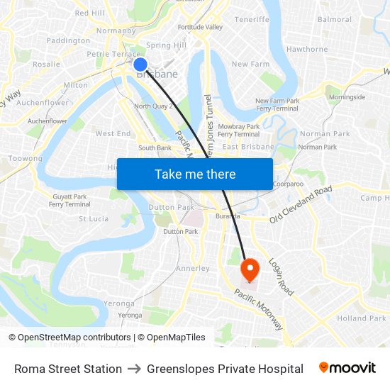 Roma Street Station to Greenslopes Private Hospital map