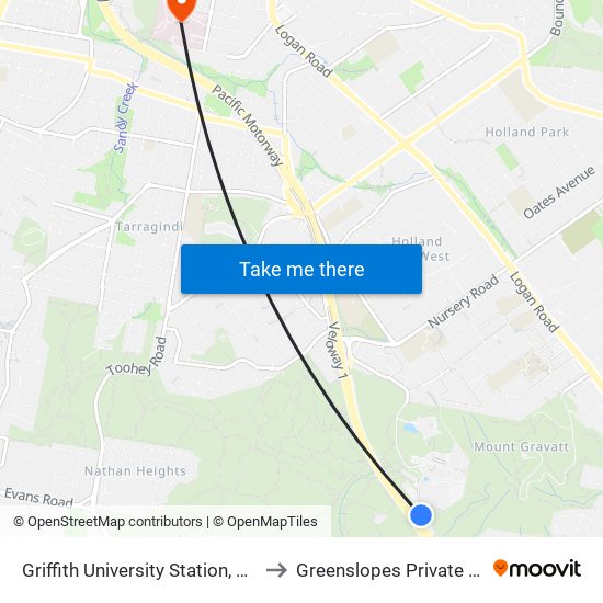 Griffith University Station, Platform 2 to Greenslopes Private Hospital map