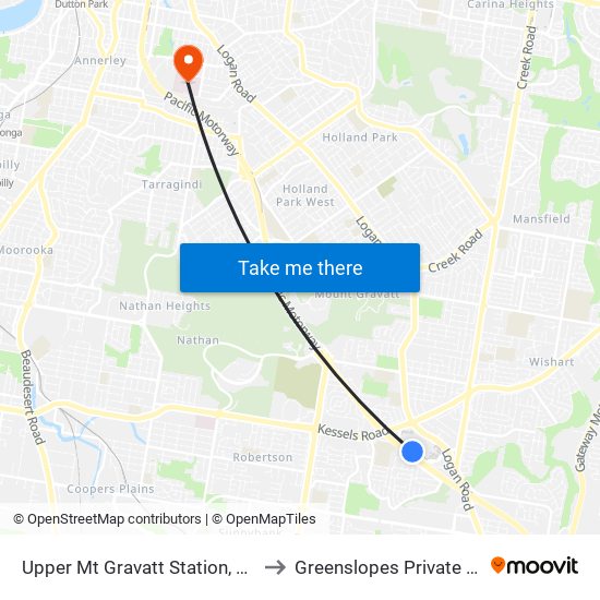 Upper Mt Gravatt Station, Platform 1 to Greenslopes Private Hospital map