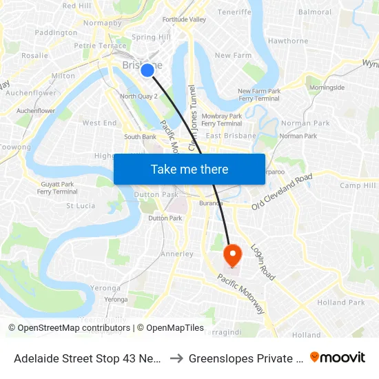 Adelaide Street Stop 43 Near City Hall to Greenslopes Private Hospital map