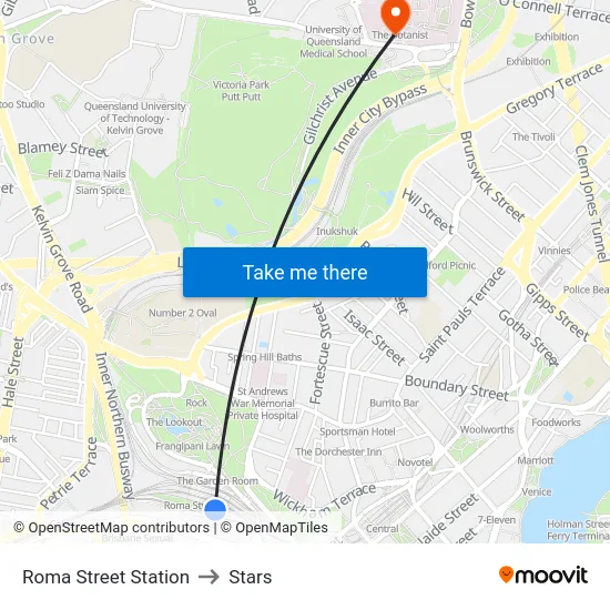 Roma Street Station to Stars map