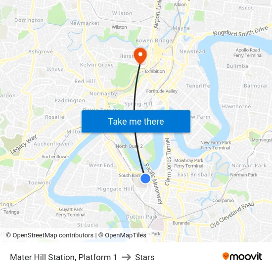 Mater Hill Station, Platform 1 to Stars map